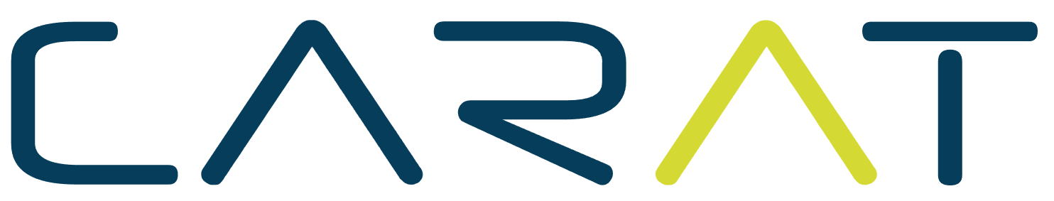 CARAT Header-Logo mit abstrakten, dynamischen Buchstaben in Blau-Grün und Gelb, modernes Markenlogo für Küchenplanung und -beratung.